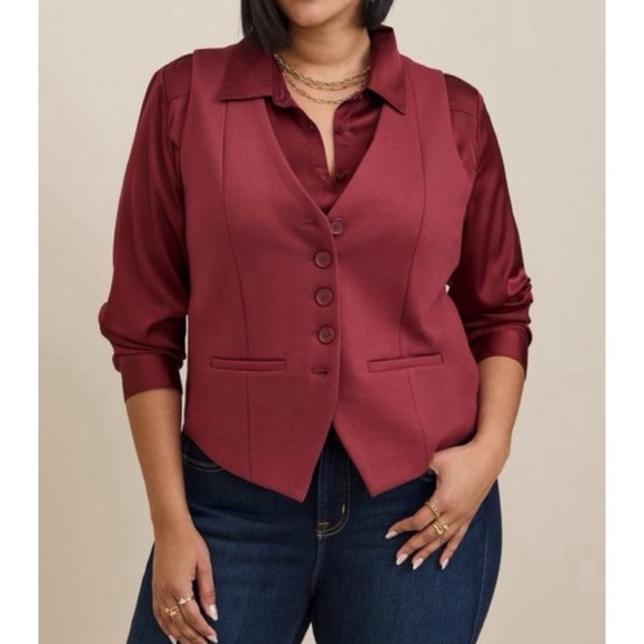 🆕 Studio Luxe Ponte Vest NWOT Torrid New Maroon 0 L 12 - Picture 1 of 6